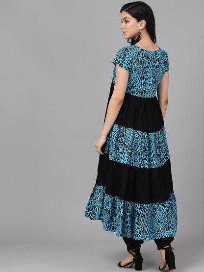 Women's  Blue & Black Animal Print Anarkali Kurta