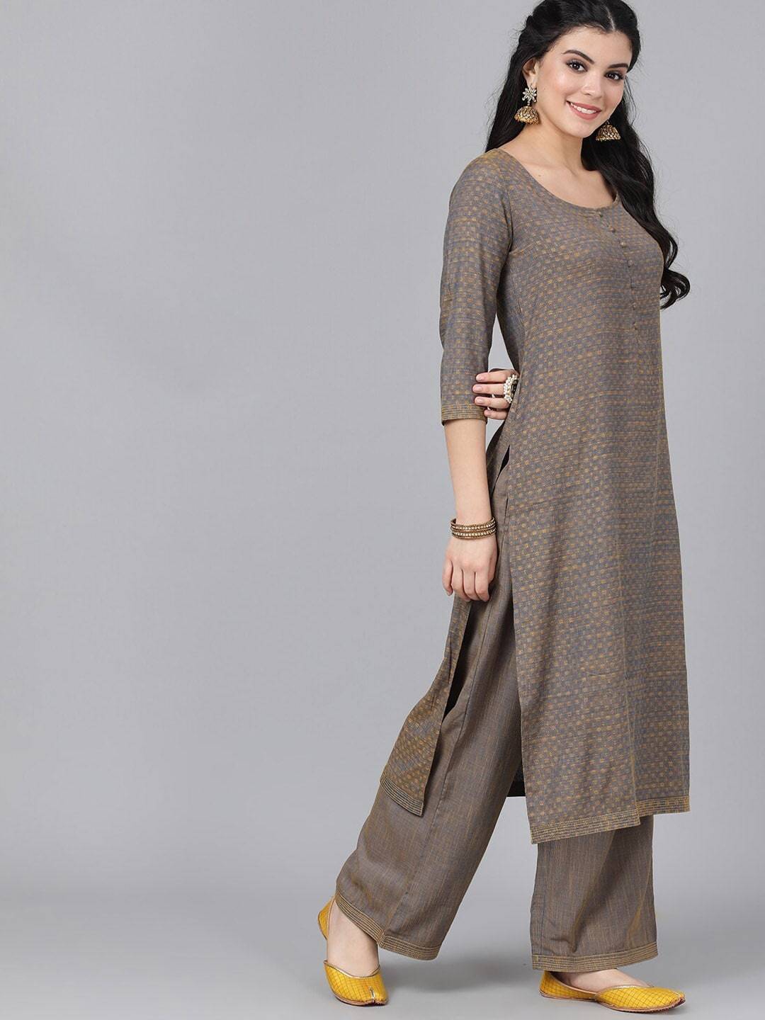 Women's  Brown Self Design Kurta with Palazzos