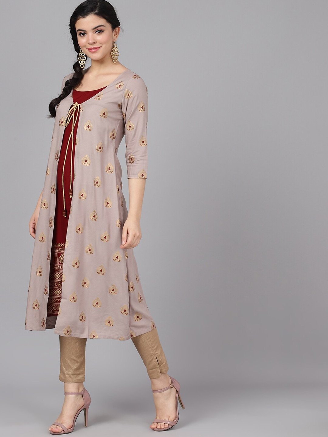 Women's  Maroon & Gold-Coloured Printed A-Line Kurta