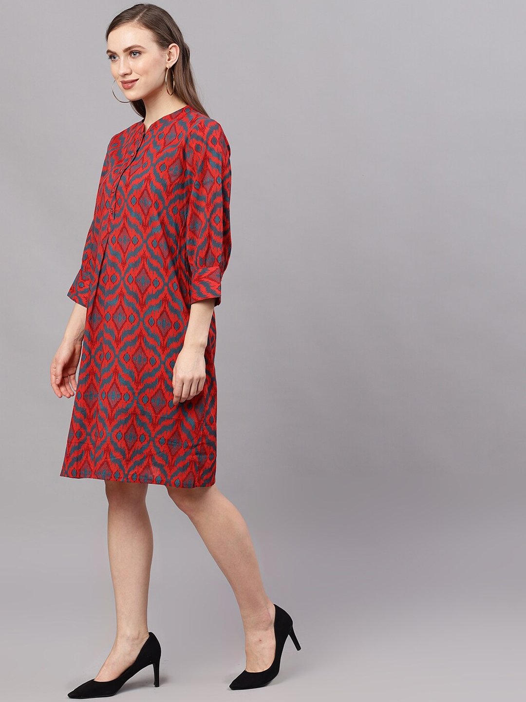 Women's  Red Ikat Printed A-Line Dress