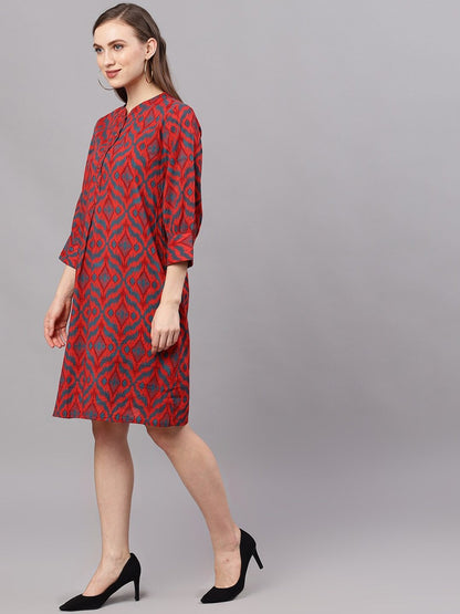 Women's  Red Ikat Printed A-Line Dress