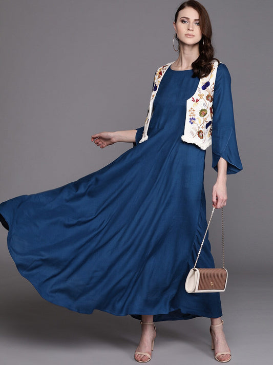 Women's Blue Maxi Gown with Floral Embroidered Jacket