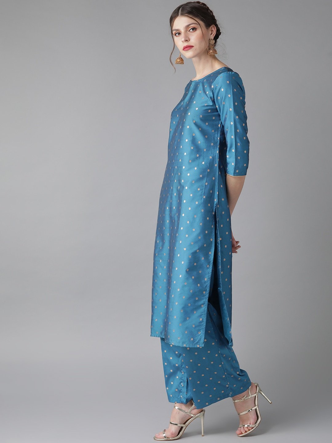 Women's  Blue & Golden Woven Design Kurta with Palazzos & Dupatta