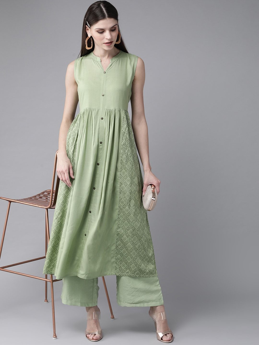 Women's  Green Printed A-Line Kurta