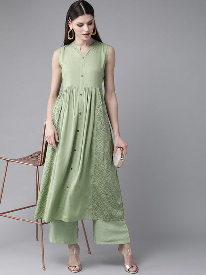 Women's  Green Printed A-Line Kurta