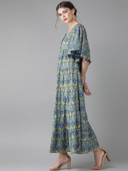 Women's  Blue & Yellow Printed Tiered Maxi Dress