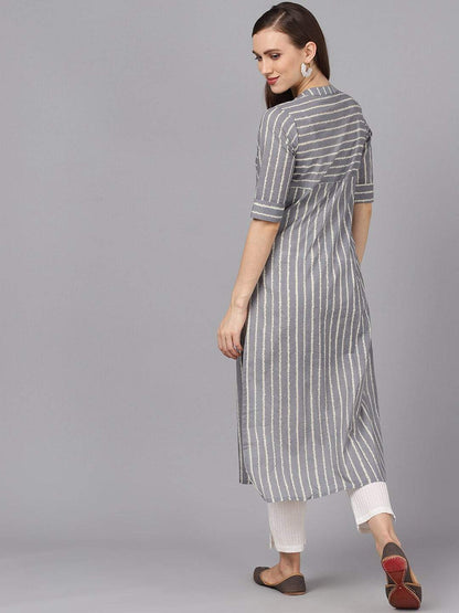 Women's  Grey & White Printed Straight Kurta