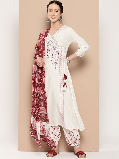 Women's Pink Solid Angrakha Kurta Salwar And Dupatta Set