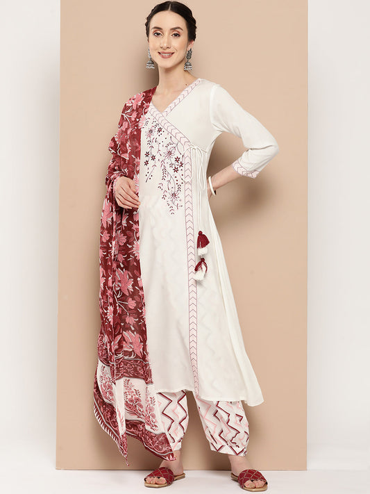 Women's Pink Solid Angrakha Kurta Salwar And Dupatta Set