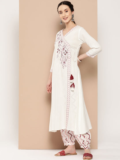 Women's Pink Solid Angrakha Kurta Salwar And Dupatta Set