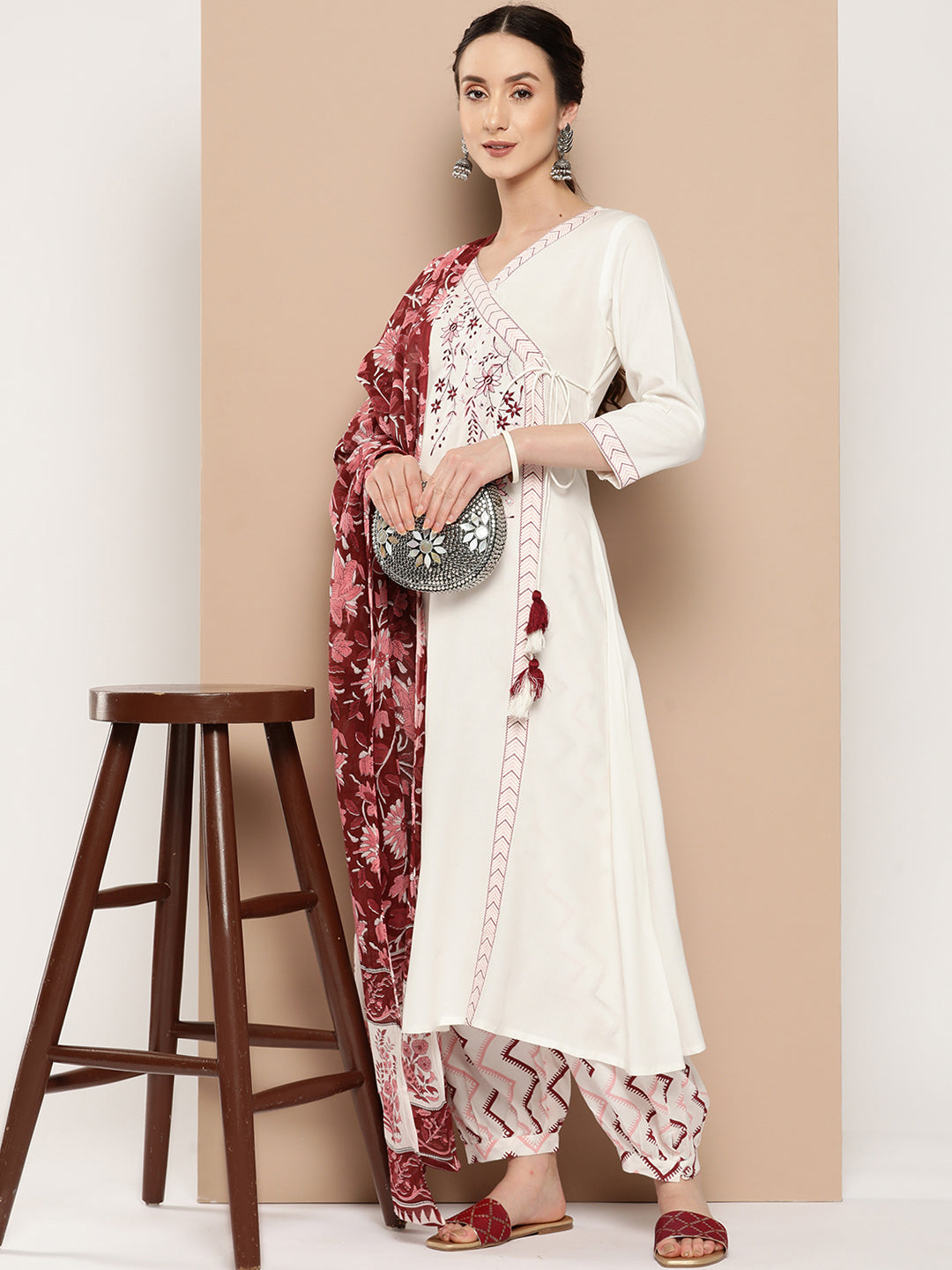 Women's Pink Solid Angrakha Kurta Salwar And Dupatta Set