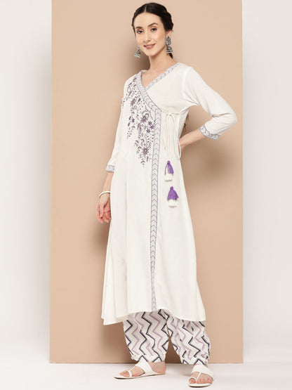 Women's White And Purple Solid Angrakha Kurta Salwar And Dupatta Set