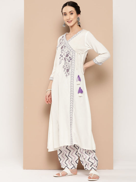 Women's White And Purple Solid Angrakha Kurta Salwar And Dupatta Set