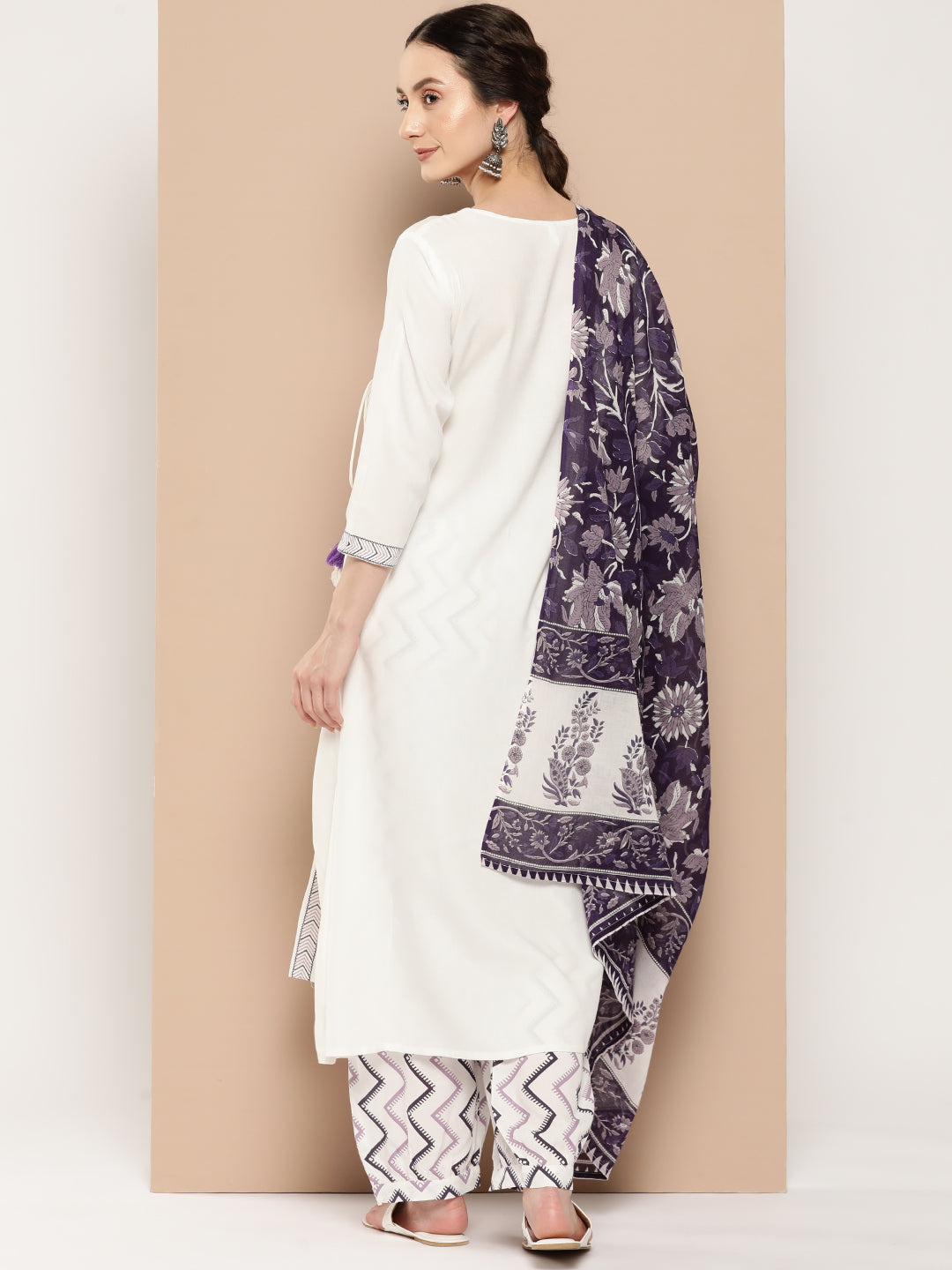 Women's White And Purple Solid Angrakha Kurta Salwar And Dupatta Set