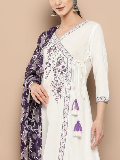 Women's White And Purple Solid Angrakha Kurta Salwar And Dupatta Set