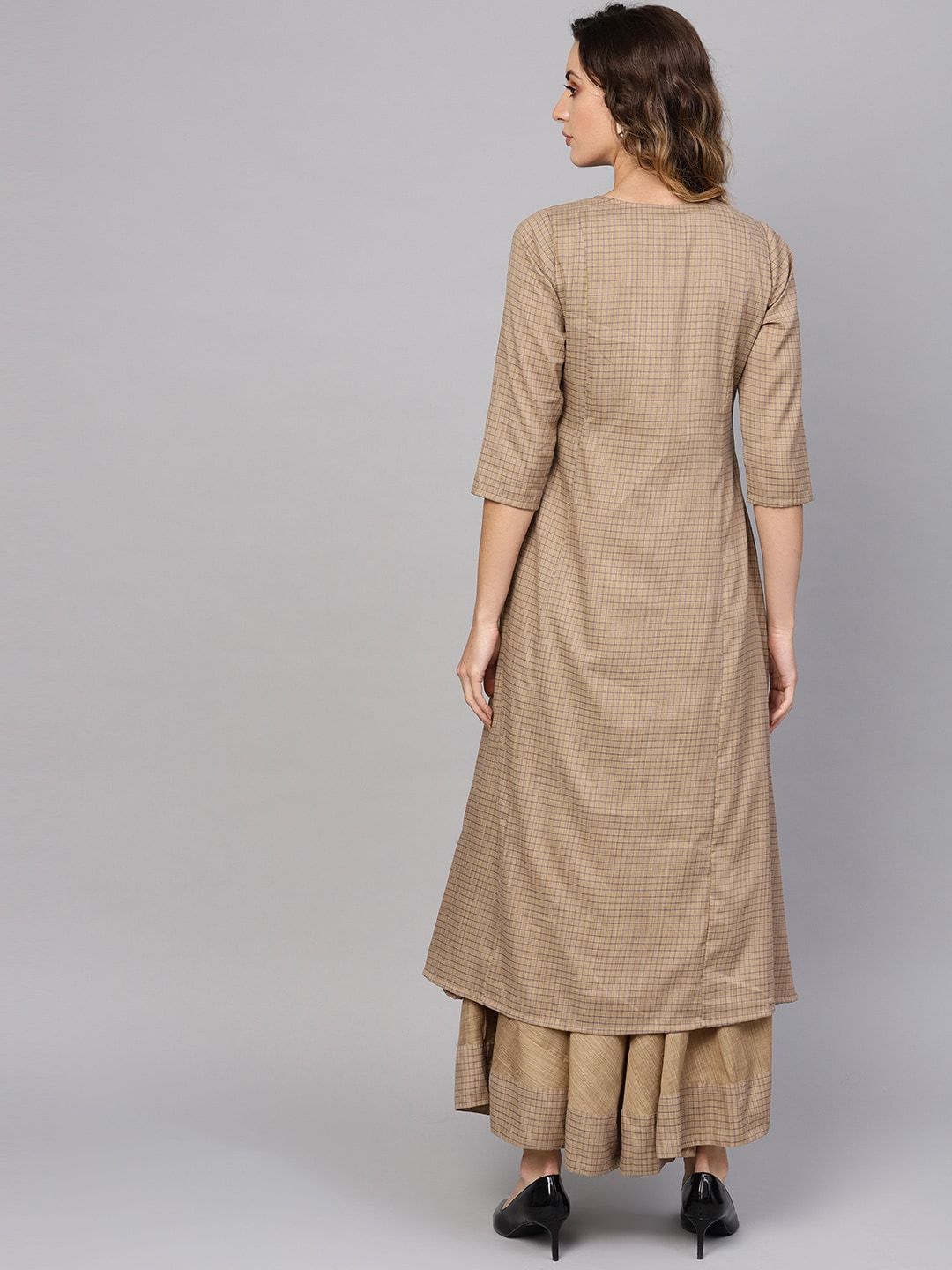 Women's  Beige & Blue Checked Maxi Dress