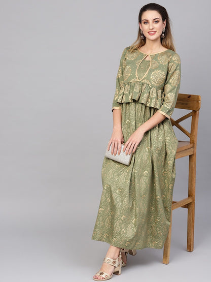 Women's  Olive Green & Golden Printed Layered Maxi Dress