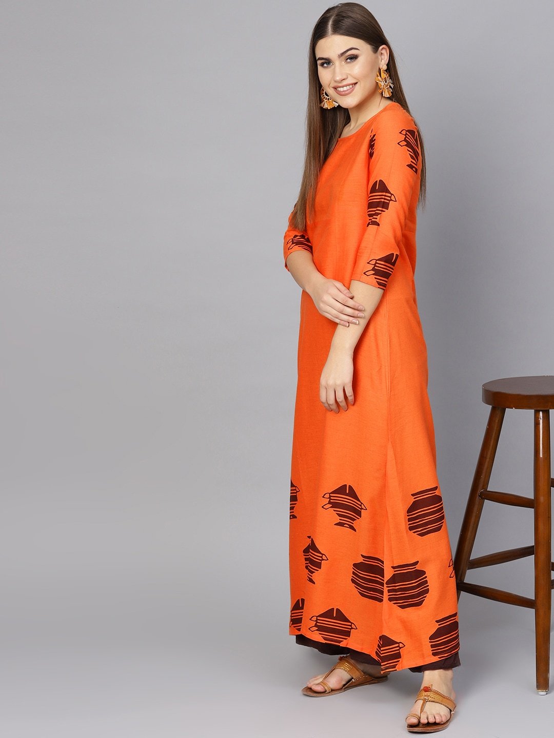 Women's  Orange & Brown Printed A-Line Kurta