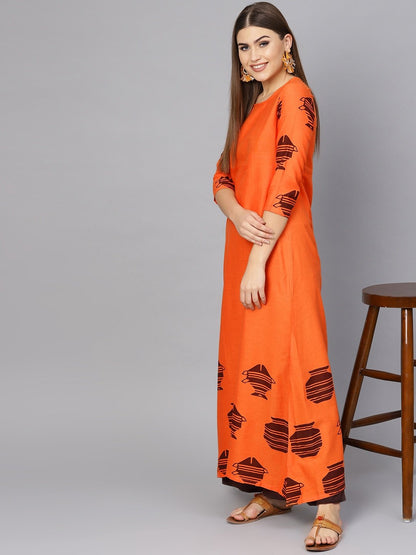 Women's  Orange & Brown Printed A-Line Kurta