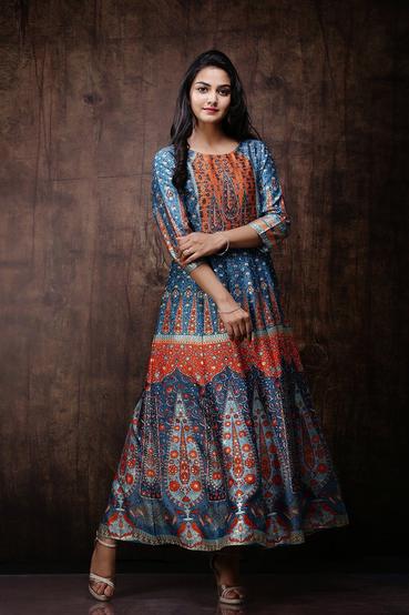 Teal Dull Satin Placement Print Panelled Dress