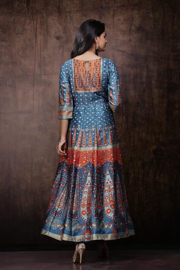 Teal Dull Satin Placement Print Panelled Dress