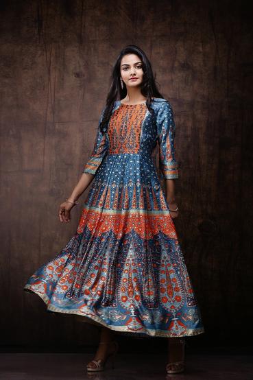 Teal Dull Satin Placement Print Panelled Dress