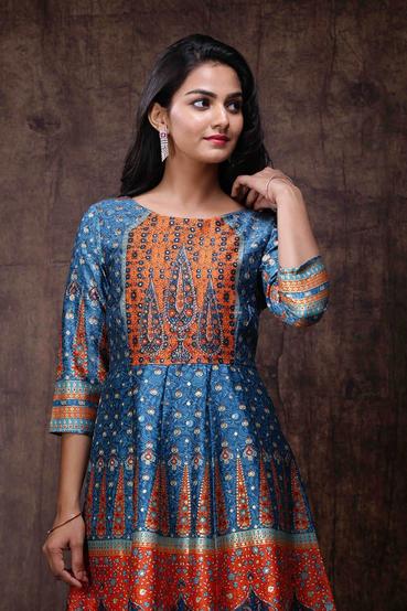 Teal Dull Satin Placement Print Panelled Dress