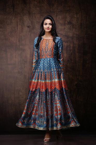Teal Dull Satin Placement Print Panelled Dress