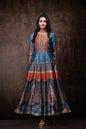 Teal Dull Satin Placement Print Panelled Dress