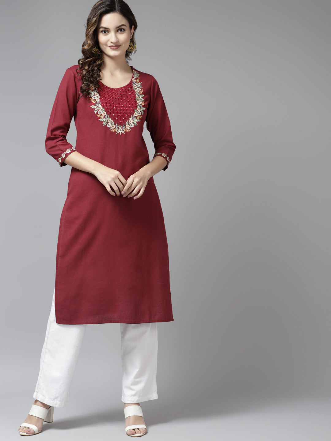 Women's Maroon Solid Cotton Flex Mirror Work Kurta