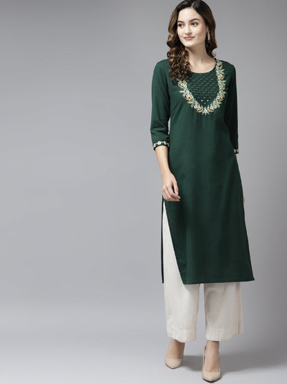 Women's Dark Green Solid Cotton Flex Mirror Work Kurta