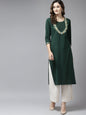 Women's Dark Green Solid Cotton Flex Mirror Work Kurta