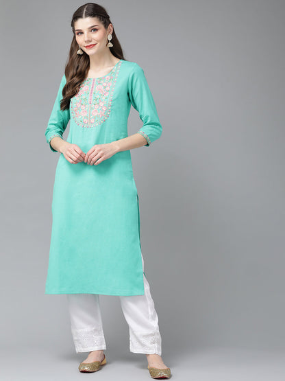 Women's Turquoise Blue Solid Cotton Flex Aari Work Kurta
