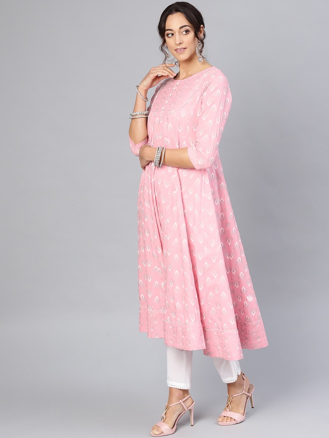 Women's  Pink & White Khari Print Anarkali Kurta