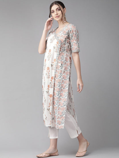 Women's  White & Rust Red Printed Angrakha Straight Kurta
