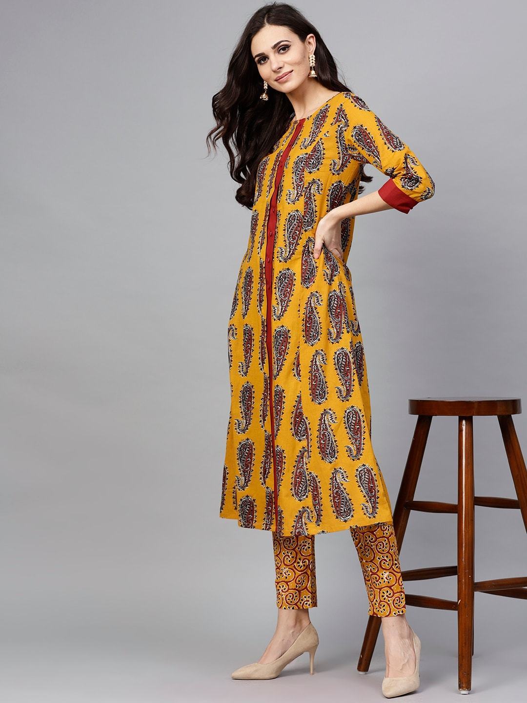 Women's  Mustard Yellow & Maroon Printed Kurta with Trousers