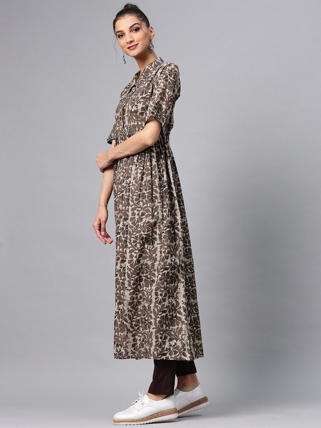 Women's  Brown & Grey Printed A-Line Kurta