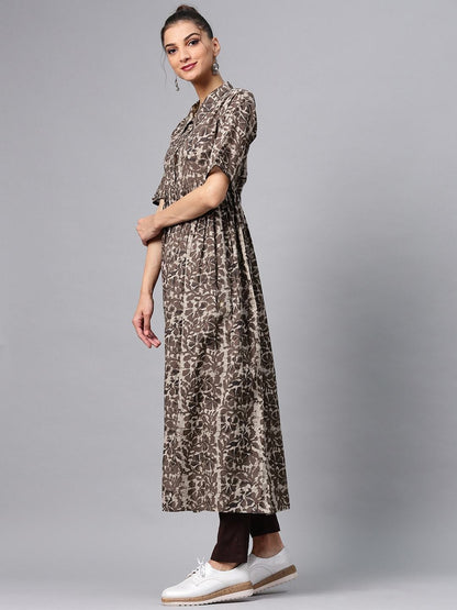 Women's  Brown & Grey Printed A-Line Kurta