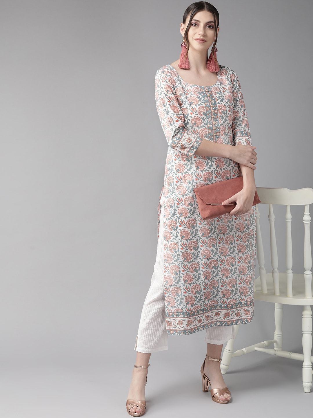 Women's  Floral Printed Straight Kurta in White & Rust Red
