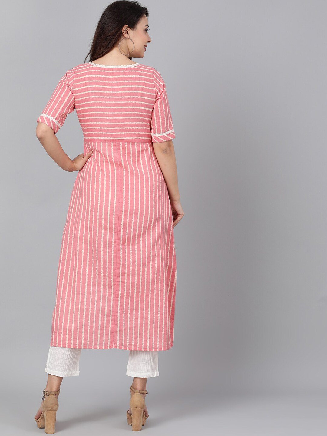 Women's  Peach-Coloured & White Striped A-Line Kurta