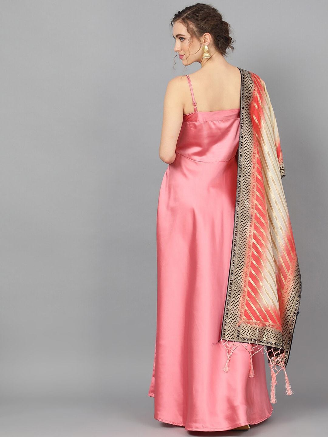 Women's  Pink Printed Maxi Dress With Dupatta