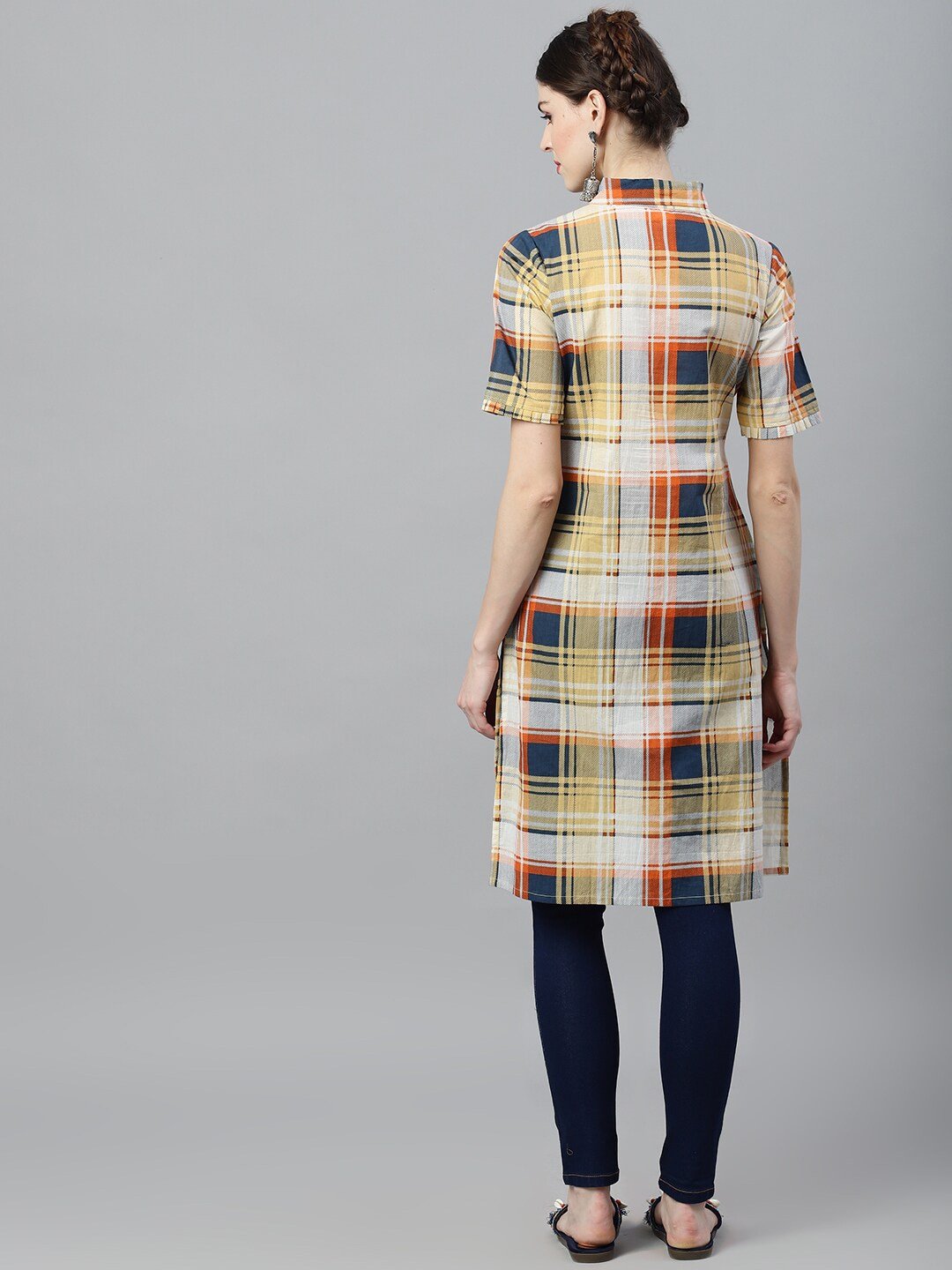 Women's  Yellow & Blue Checked Pathani Kurta
