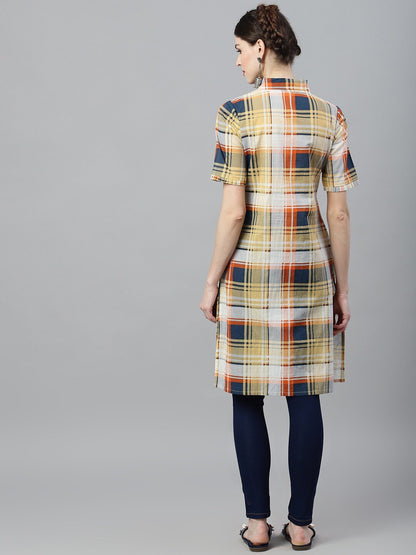 Women's  Yellow & Blue Checked Pathani Kurta