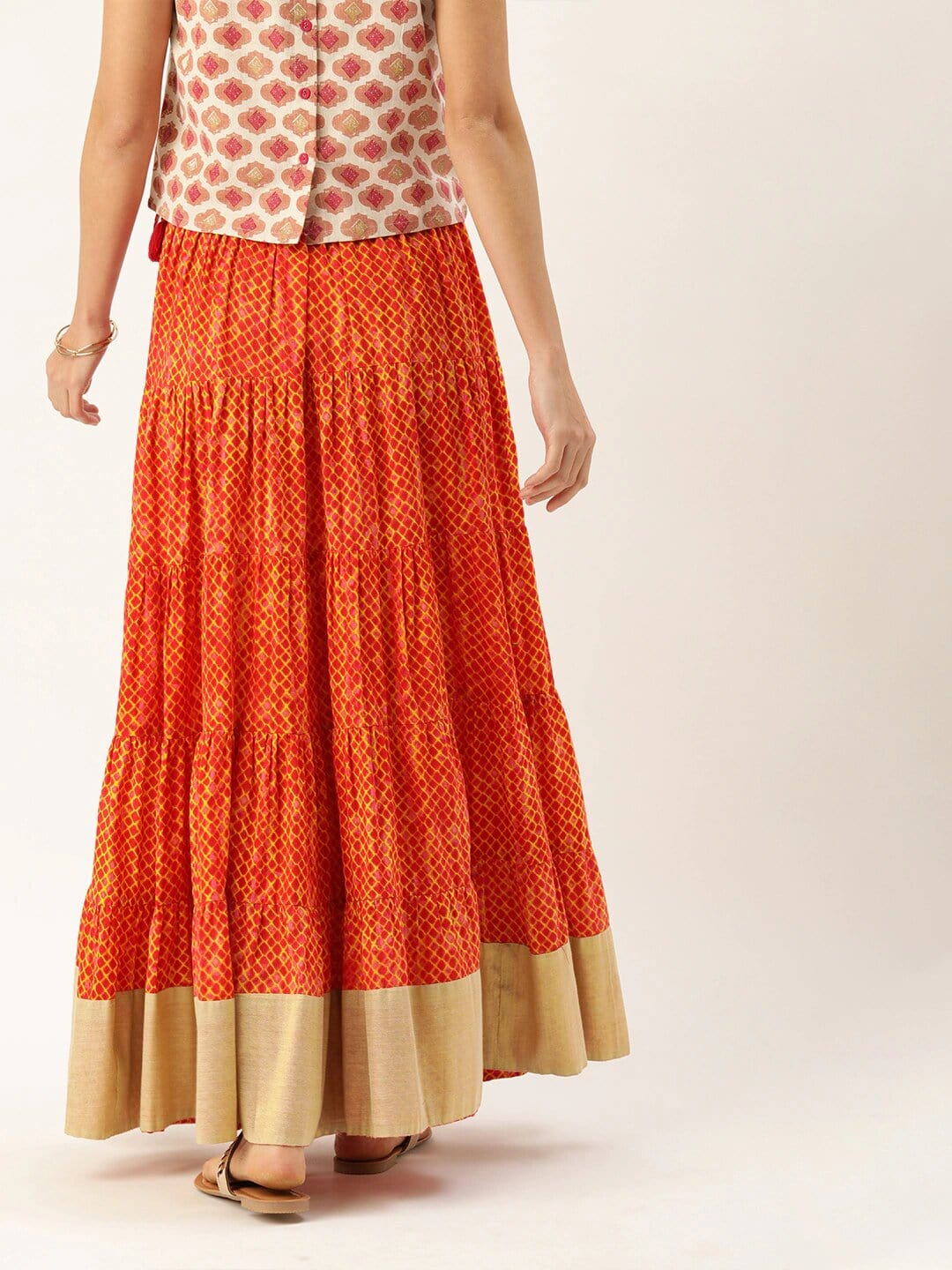 Women's Rust Orange & Mustard Yellow Dyed Tiered Flared Maxi Cotton Skirt