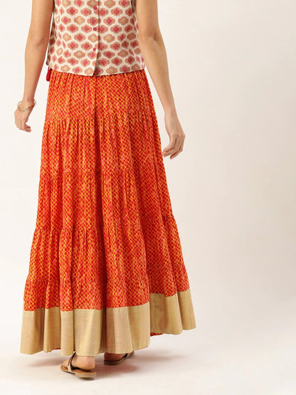 Women's Rust Orange & Mustard Yellow Dyed Tiered Flared Maxi Cotton Skirt