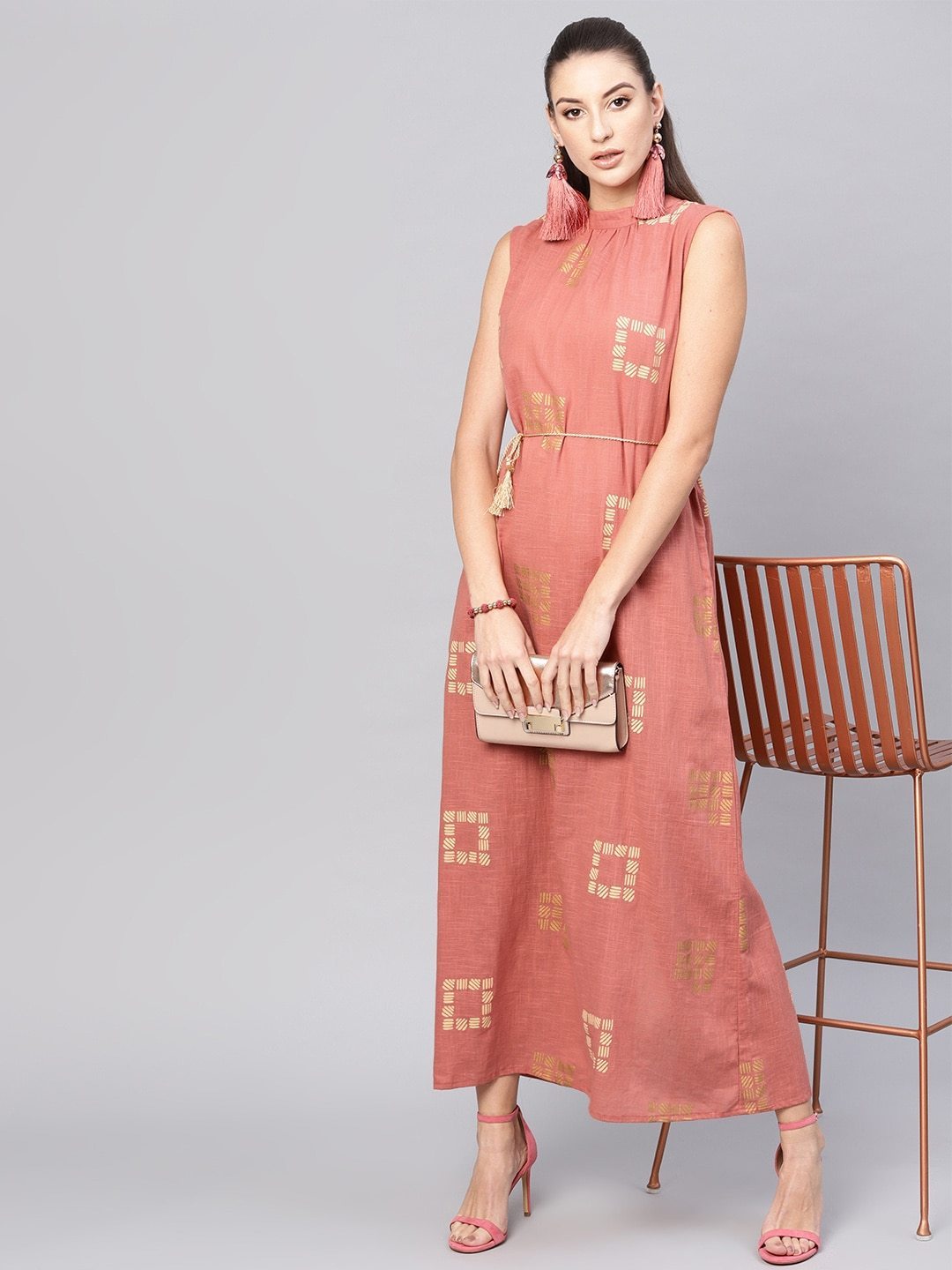 Women's  Dusty Pink & Beige Khari Print Maxi Dress
