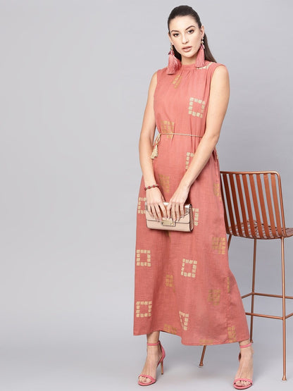 Women's  Dusty Pink & Beige Khari Print Maxi Dress