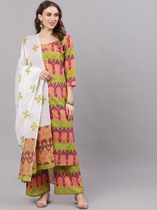 Women's  Green & Pink Ikat Printed Kurta with Palazzos & Dupatta