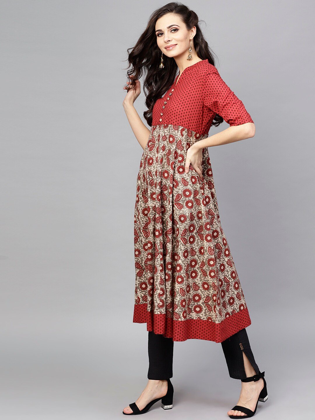 Women's  Maroon & Charcoal Grey Printed Anarkali Kurta
