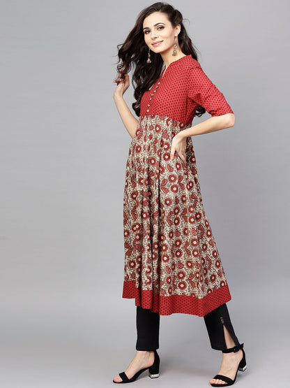 Women's  Maroon & Charcoal Grey Printed Anarkali Kurta